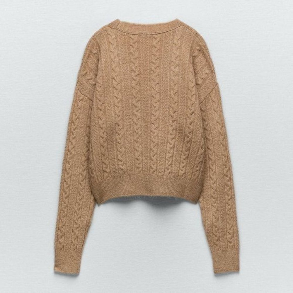 Zara Cable Knit Button Cropped Long Sleeve Cardigan Sweater Camel Tan - Picture 2 of 7